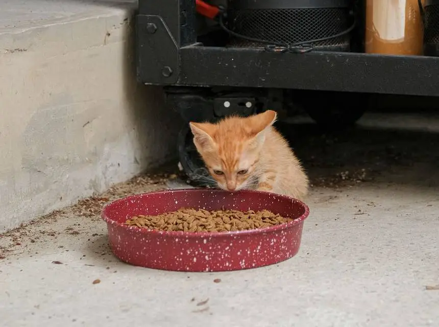 Chaton roux qui mange des croquettes dans une gamelle, alimentation du chaton